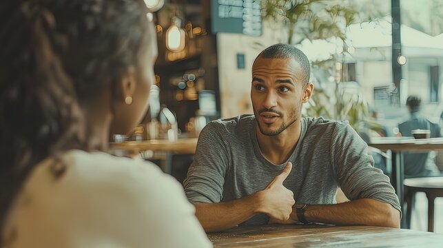 Man and woman having a conversation in a cafe.
