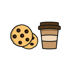 Drink and chocolate chip cookies set food icon in flat style, featuring a refreshing beverage in a cup with a straw and a stack of delicious chocolate chip cookies.