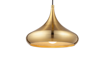 A minimalist gold pendant lamp with a bulbous shape and polished metallic finish, emitting a soft, inviting light, isolated on a transparent background