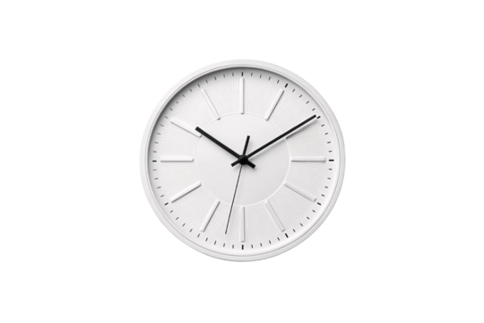 A modern white wall clock with a textured dial and black hands. The clean, minimalist aesthetic ensures readability while blending seamlessly into contemporary, isolated on a transparent background