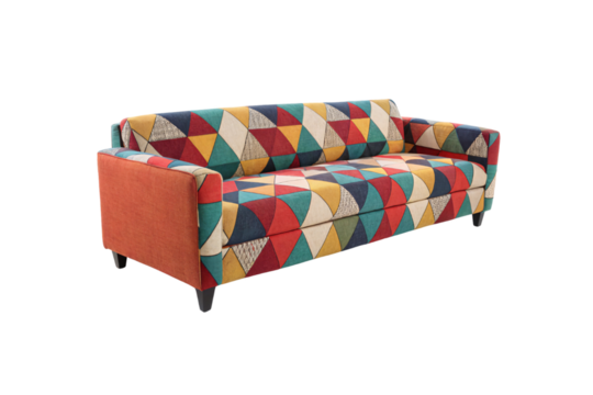 A modern sofa with a geometric patchwork design featuring bold red, blue, yellow, and green tones. It has sleek black legs and a comfortable, isolated on a transparent background