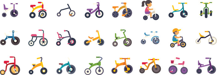 Colorful tricycles showcase different models and designs for children, promoting outdoor play and fun