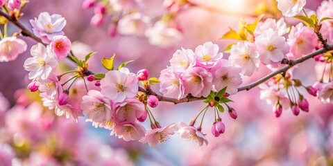 Obraz premium Soft pink petals unfolding on delicate branches of a blooming cherry blossom tree in full flower, spring blooms, blossoming trees