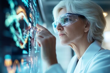 A scientist examining DNA strands on a holographic screen, completely focused on their groundbreaking research