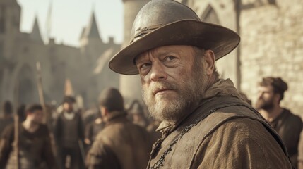 Obraz premium Grizzled man in 17th-century attire, historical setting, crowd background; historical drama
