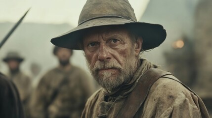 Obraz premium Grizzled soldier, battlefield, war, 17th century, historical drama