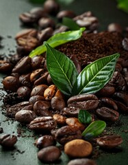 Fototapeta premium una mezcla de granos de cafe tostados con hojas de té e infusión