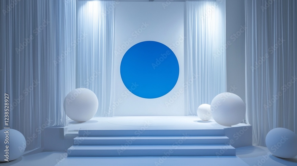 Aufkleber soft white curtains frame a minimalist stage, where a striking blue circle dominates the backdrop. c