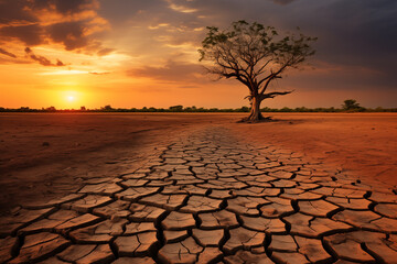 Drought climate change ecology solitude concept - dry dead tree in desert with a dry, cracked ground on sunset. The tree is the only sign of life in the barren landscape
