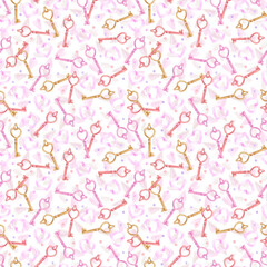 Hand drawn watercolor St. Valentine seamless pattern. Illustration of heart sweets and keys isolated on white background. Can be used for textile, fabric, scrapbook and other printed products.