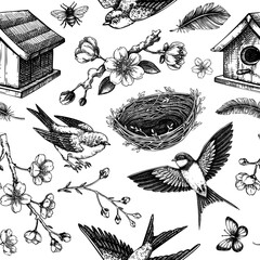 Spring background. Easter seamless pattern. Flying birds, sakura flowers, birdhouse, saffron vector sketch illustration. NOT AI generated