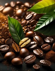 Obraz premium una mezcla de granos de cafe tostados con hojas de té e infusión