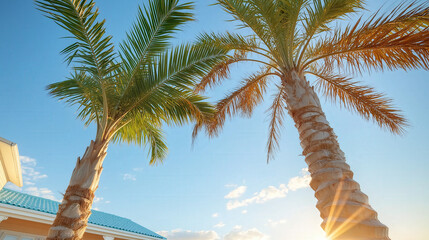 Fototapeta premium Towering palm trees stretch skyward against a brilliant blue sky, illuminated by the golden rays of the sun. This serene tropical setting invites relaxation and a sense of freedom