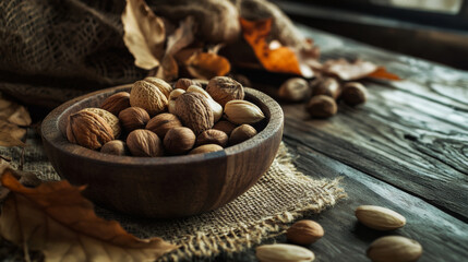 Assorted nuts in wooden bowl on rustic table, surrounded by autumn leaves, create warm and inviting atmosphere. Perfect for cozy gathering or snack time
