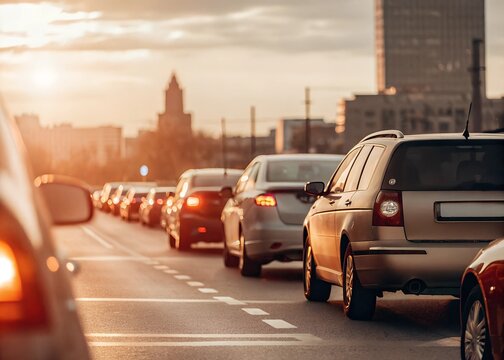 Evening city traffic urban streets sunset glow rear view modern life