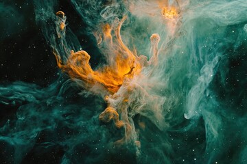 Cosmic swirls of teal and gold nebulae illuminate the star-dusted expanse.