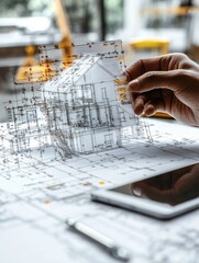 business, architecture, building, construction and people concept - close up of architect hand with living house blueprint and tablet pc computer