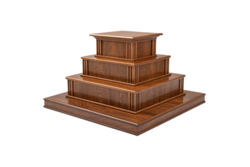 A tiered wooden pedestal with four ascending rectangular levels, featuring polished surfaces and detailed edges, isolated on a transparent background
