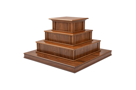 A tiered wooden pedestal with four ascending rectangular levels, featuring polished surfaces and detailed edges, isolated on a transparent background