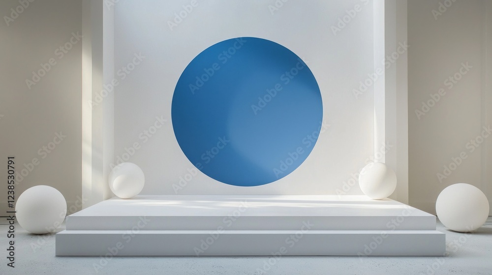 Poster a modern artistic space showcases a prominent blue circle on a white wall, complemented by smooth wh