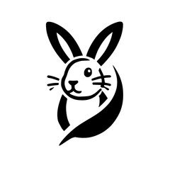 Elegant Black and White Rabbit with Leaf Design: Minimalist Animal Vector Graphic