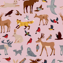 Fototapeta premium vector drawing seamless pattern with European animals and birds, natural background, hand drawn illustration