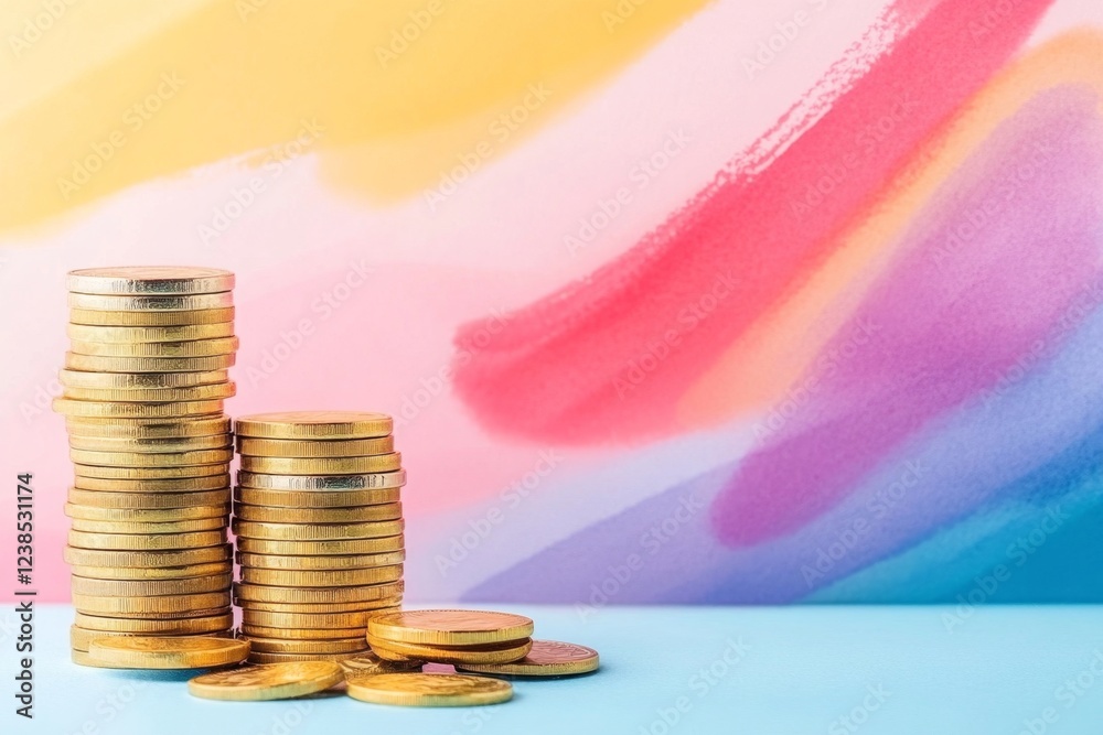 Poster a soft watercolor painting of a bar graph made of stacked gold coins, with a gradient background rep
