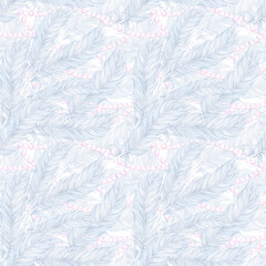 Obraz premium Carnival blue feather with pearls seamless pattern. Hand drawn watercolor masquerade illustration isolated on white background. Can be used for textile, fabric, scrapbook and other printed products.