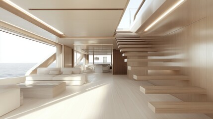 Obraz premium Luxury yacht interior, spacious lounge, ocean view, wooden staircase