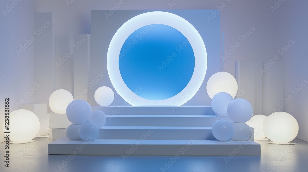 Aufkleber Soft blue light radiates from a large circular backdrop, casting an ethereal glow. Surrounding spheres create a serene atmosphere, inviting creativity and reflection in this chic art space