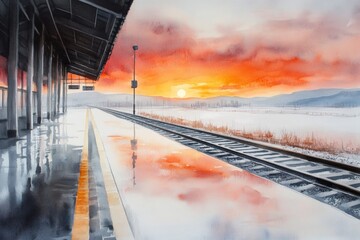 Fototapeta premium A soft watercolor painting of a sunset over an empty train station, with tracks fading into the horizon, symbolizing the end of a journey