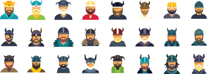 Diverse collection of viking avatars showcasing various horned helmets and beards, representing scandinavian warriors in a stylized manner