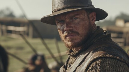 Obraz premium Man in historical clothing, serious gaze, village background, historical drama scene