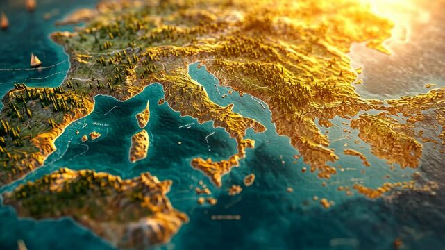Stunning aerial view of a detailed topographic map showcasing the geography of Greece at sunset