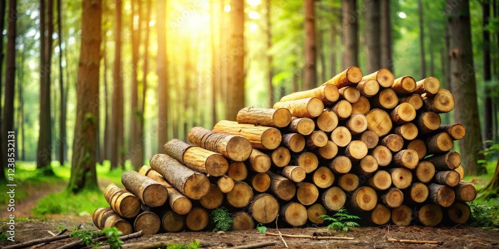 Poster a neatly stacked pile of freshly cut logs rests on the forest floor, bathed in the warm glow of the 