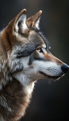 Fototapeta premium Serene profile portrait of a wolf, soft light highlighting its features and nature s intricacies