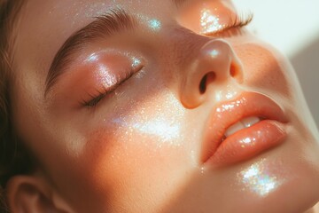 Fototapeta premium Glowy makeup trend showcases radiant skin and sparkling accents in natural light