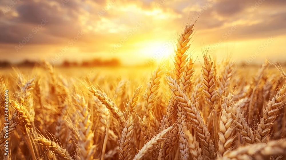 Poster a breathtaking sunset casts a warm glow over expansive fields of ripening wheat. each golden stalk d
