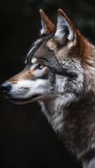 Obraz premium Serene profile portrait of a wolf illuminated by soft light, showcasing its intricate fur patterns