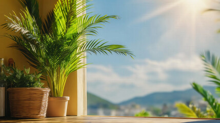 Obraz premium Bright sunlight filters through a window, casting gentle shadows and illuminating lush green palm fronds. This serene atmosphere evokes a sense of calm, perfect for a vacation escape