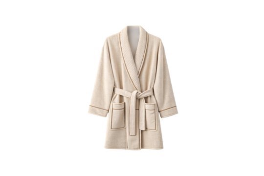 Classic beige robe with a textured waffle pattern, featuring front pockets, detailed trim, and a matching belt for a cozy fit, isolated on a transparent background