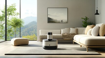 Modern Air Purifier in a Serene Mountain View Living Room