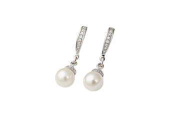 Elegant drop earrings featuring luminous pearls dangling from rhinestone-embellished hooks, exuding classic sophistication and timeless beauty, isolated on a transparent background