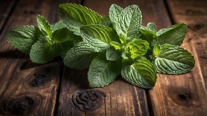 fresh mint leaves on table, Fresh green mint, Fresh Green Mint Leaves on Rustic Wooden Table