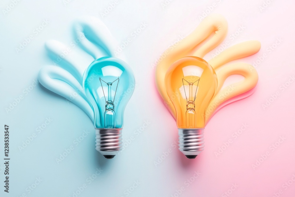 Poster a stylized flat illustration of a lightbulb replaced by a glowing energy-efficient bulb, set against