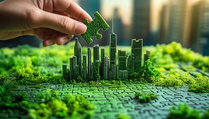 Artistic view of a hand placing the final puzzle piece in a green cityscape, featuring smart ecobuildings and abundant greenery, symbolizing teamwork in sustainability