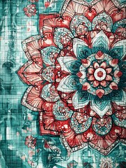 Vibrant mandala pattern in red and teal on a textured background.