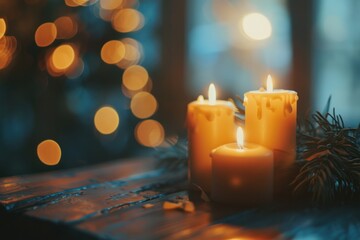 close up candles on wood table at night time and bokeh light copy space Cozy atmospheric blurred background for christmas
