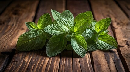fresh mint on wooden table, Fresh green mint, Fresh Green Mint Leaves on Rustic Wooden Table with Copy Space