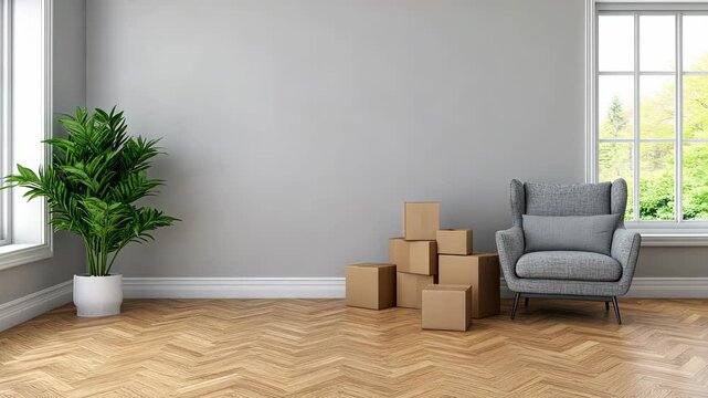 Tidy living room features herringbone floor, green plant, and stack of boxes next to a comfortable armchair by the window